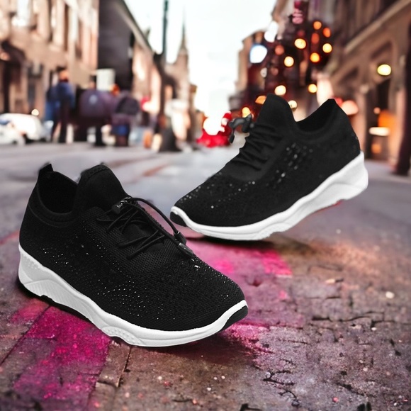 Italina GEMA Toggle Lace Up Black Knit Platform White Bubble Rhinestone Sneakers - Picture 3 of 12